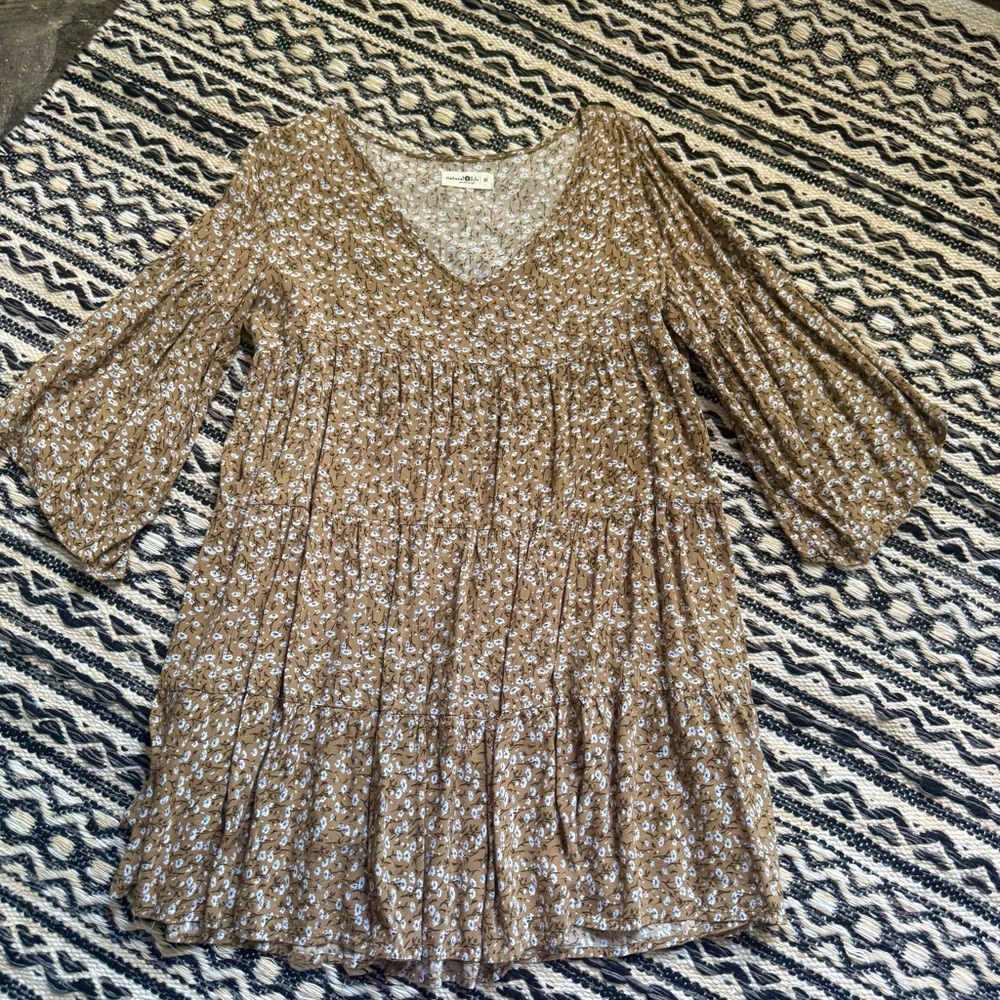 Natural Life Tan Charlotte Floral V-Neck Babydoll Dress M